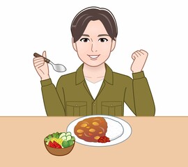 食事をしている若い男性