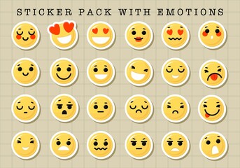 Collection stickers with Different emotions. Use to decorate notebooks, mail or diary. Funny yellow emoticon faces with facial expressions. Flat style in vector illustration.