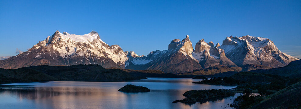 The mountain peaks of Cordillera del Paine in Torres del Paine National Park in Patagonia, southern Chile, South America.