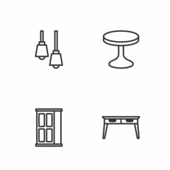 Set line Office desk, Wardrobe, Lamp hanging and Round table icon. Vector
