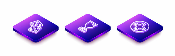 Set Isometric line Game dice, Award cup and controller or joystick icon. Vector