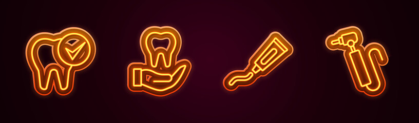 Set line Tooth, Tube of toothpaste and drill. Glowing neon icon. Vector