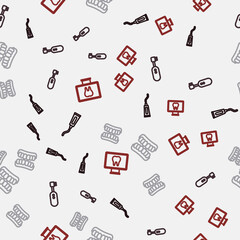 Set line Tube of toothpaste, Electric toothbrush, Dentures model and Online dental care on seamless pattern. Vector