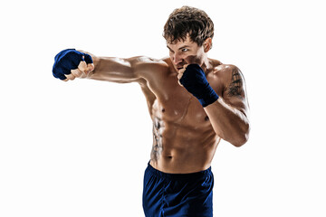 Studio shot of kickboxer who training, practicing jab on white background. Blue sportswear