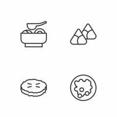 Set line Rice in a bowl, Homemade pie, Ramen soup and Zongzi bamboo steamer icon. Vector