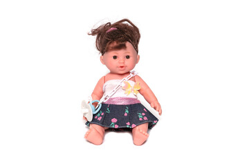 Beautiful newborn boy doll isolated on white.