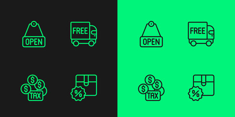 Set line Cardboard box with discount, Tax payment, Hanging sign text Open and Free delivery service icon. Vector