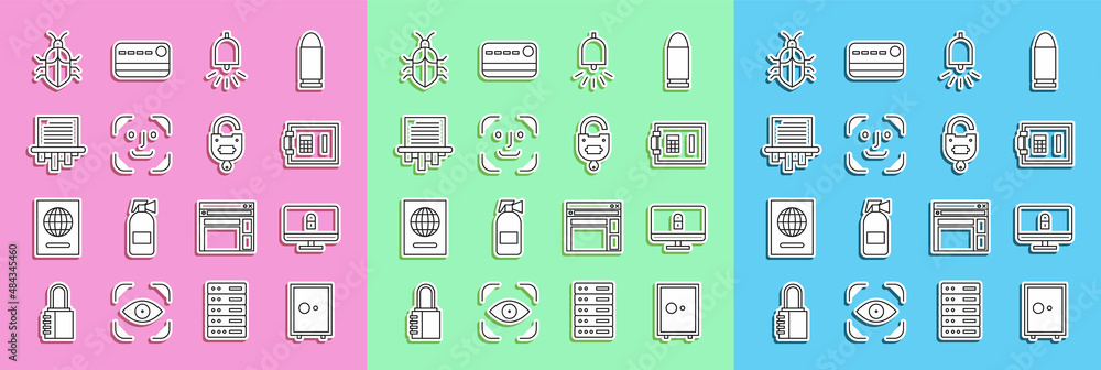 Poster set line safe, lock on computer monitor, ringing alarm bell, face recognition, paper shredder, syste