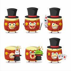 A red chinese drum Magician cartoon character perform on a stage