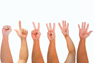 Set of men's hands symbolizing invisible objects isolated on white.
