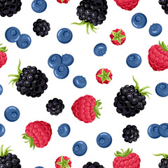 Forest berries seamless pattern. Vector illustration of raspberry, blackberry, blueberry. Berry fruit background. Cartoon flat style.