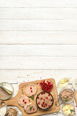 Concept of tasty food with pate sandwiches, space for text