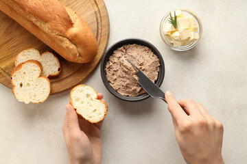 Concept of tasty food with pate, top view