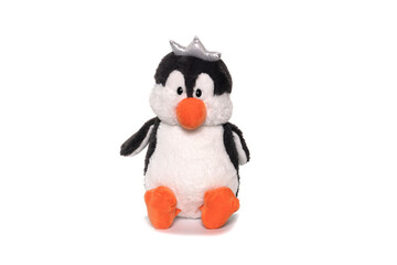 Black plush penguin on white background.