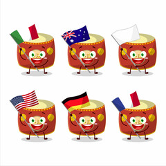 Red chinese drum cartoon character bring the flags of various countries