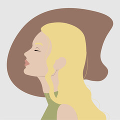 Blonde girl is shoulder-length in profile, on a brown or pink background, in green clothes, in a flat style, in a square