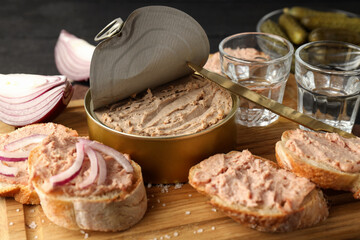 Concept of tasty food with pate sandwiches, close up