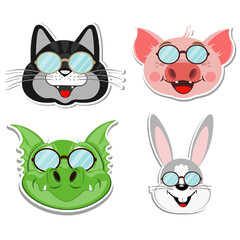 Sticker vector set animals with glasses. Animal-themed illustration on a white background.