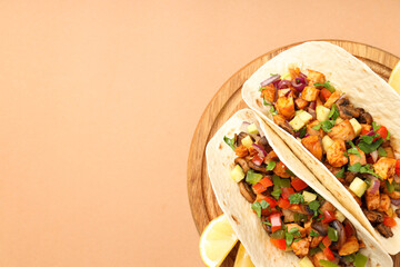 Concept of tasty food with taco on beige background