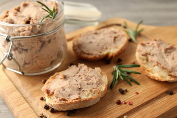 Concept of tasty food with pate sandwiches, close up