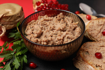 Concept of tasty food with pate, close up