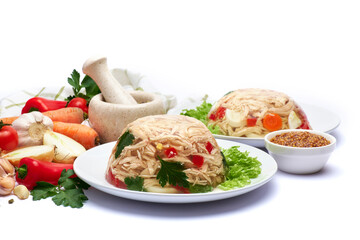 Delicious chicken aspic on a plate isolated on white background