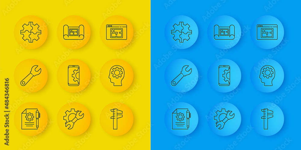 Poster set line document settings and pen, wrench spanner, setting on smartphone, calliper or caliper scale