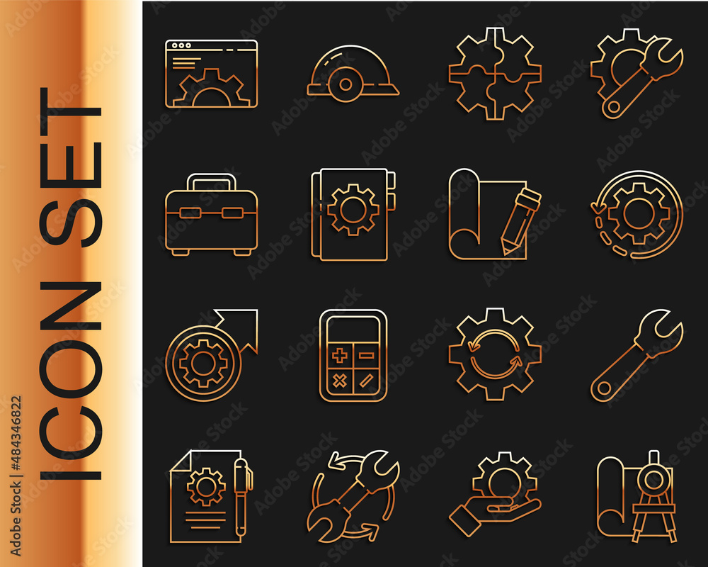 Poster set line graphing paper and compass, wrench spanner, gear arrows workflow, user manual, toolbox, bro