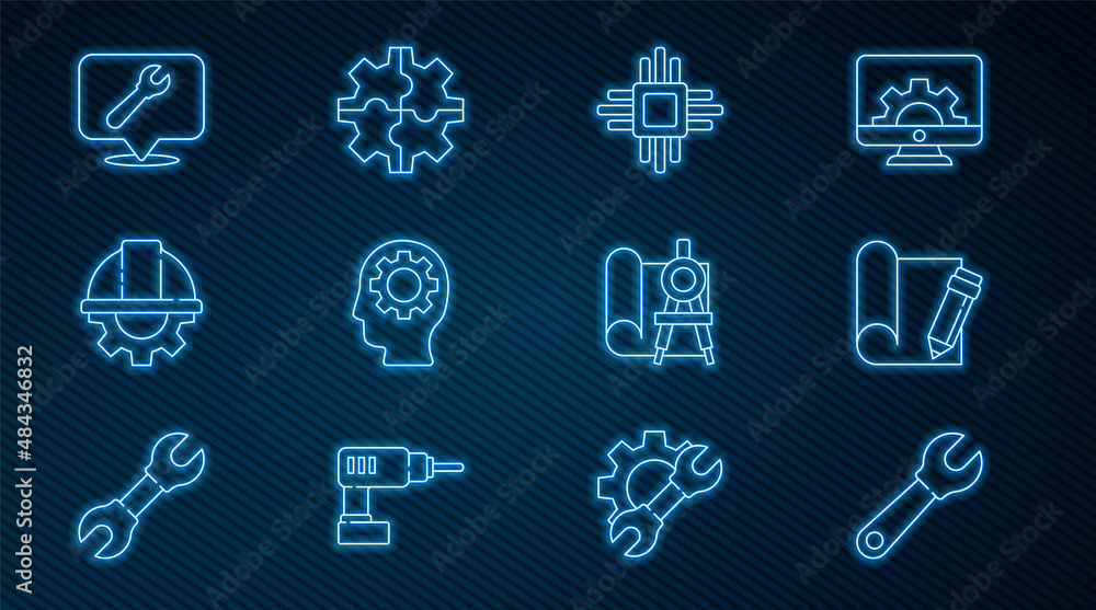 Poster set line wrench spanner, graphing paper and pencil, processor with microcircuits cpu, human head gea