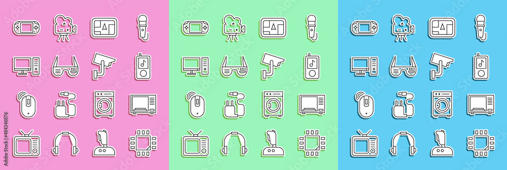 Poster set line processor with microcircuits cpu, microwave oven, music player, gps device map, smart glass