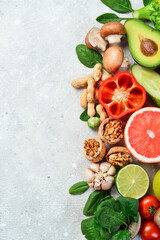 Keto diet. The concept of a ketogenic diet. On a gray stone background. Top view.