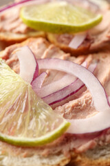 Pate sandwich, close up and selective focus