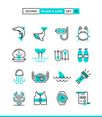 Scuba diving, underwater animals, equipment, certificate and more.icons