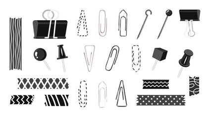 Set with Black and white colors stationery. Back to school, office work. School supplies elements. Clip, adhesive tape, pin, needle. Making notes, creative desk, diary decor. Vector illustration.