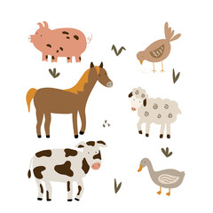 Farm animals set in flat style isolated on white background. Vector illustration. Collection of cute animals: sheep, cow, horse, pig, goose, chicken