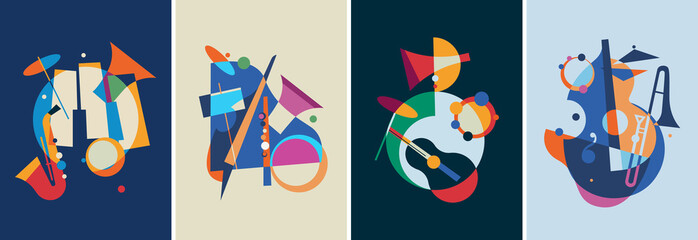 Set of jazz posters. Placard designs in abstract style. - obrazy, fototapety, plakaty