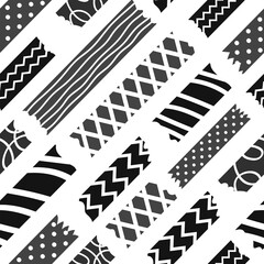 Seamless pattern with Black and white colors stationery. Back to school, office work. Clip, adhesive tape, pin, needle, eraser, pencil. Vector illustration. Paper and textile design.