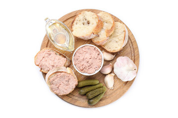 Board with pate sandwiches isolated on white background