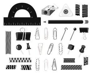 Set with Black and white colors stationery. Back to school, office work. School supplies elements. Clip, adhesive tape, pin, needle, eraser, pencil. Vector illustration.