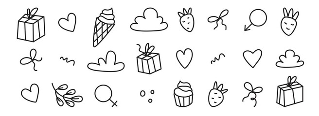 Fototapeta premium Set with All lovers Day decoration element. Happy Valentines Day. Heart, clouds, present, branch, ice cream, strawberry. Female and male symbol. Gender signs. Icons in vector illustration. Isolated.