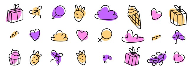 Set with All lovers Day decoration element. Happy Valentines Day. Heart, clouds, present, branch, ice cream, strawberry. Female and male symbol. Gender signs. Icons in vector illustration. Isolated.
