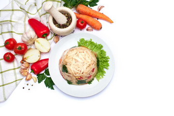 Delicious chicken aspic on a plate isolated on white background