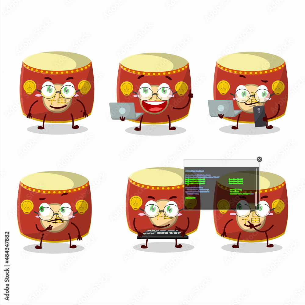 Poster Red chinese drum Programmer cute cartoon character with