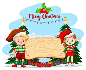 Empty banner in Christmas theme with children in Christmas costumes