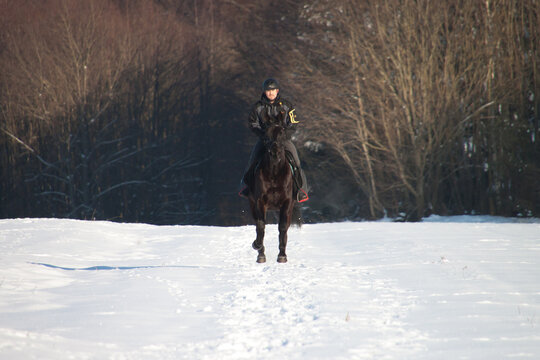 Ein Reiter mit einem schwarzen Pferd beim Ausritt im Schnee im Galopp an einem sonnigen Winter Tag frontal auf einen zukommend