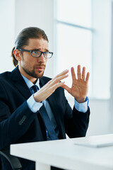 business man wearing glasses work desk computer office manager