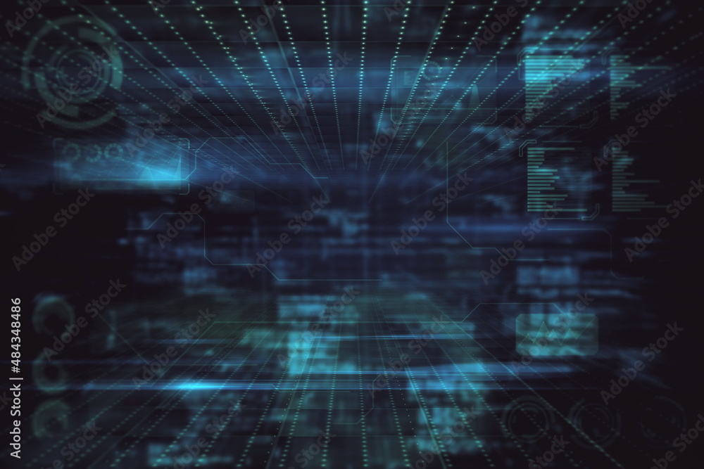 Poster Creative blue digital chart background blurry business interface. Technology, communication, connection, web and science concept. 3D Rendering.