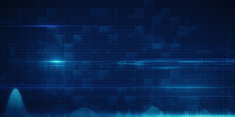 Abstract wide blue digital grid wallpaper blurry business interface. Technology, communication, connection, web and science concept. 3D Rendering.