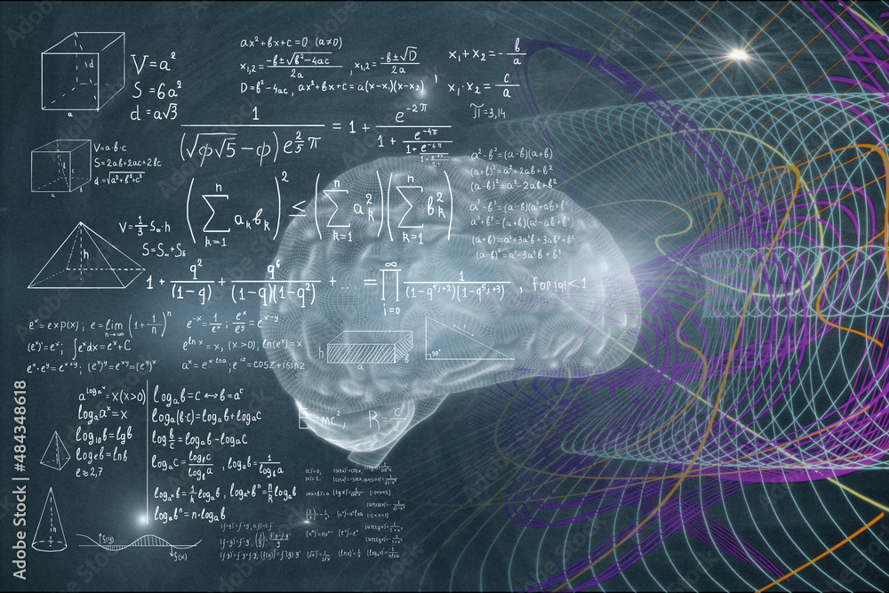 Fototapete Abstract brain background with mathematical formulas. Mind concept. 3D Rendering.