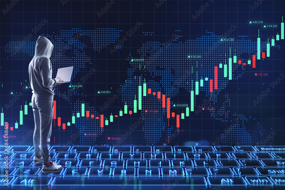 Aufkleber Back view of hacker using laptop with abstract image of glowing digital keyboard with map and forex chart on dark background. Innovation, hacking, technology, ai, trade, and market concept. 